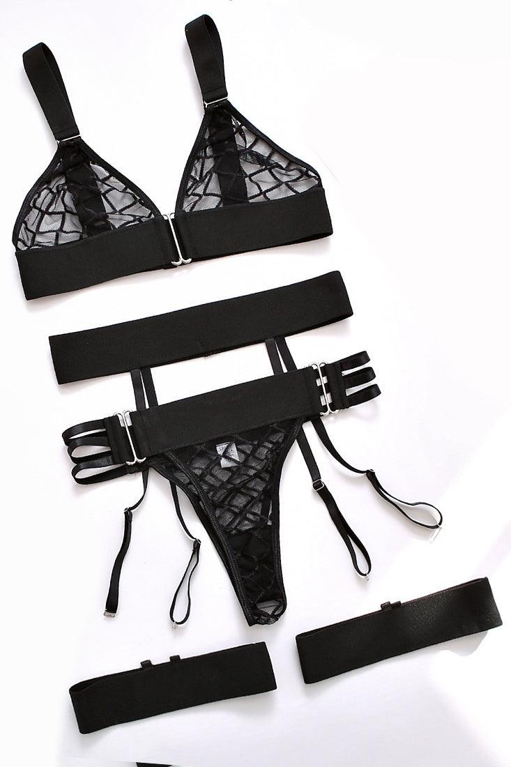 Black Checker Mesh 5-Piece Set - Lingerieset Dames Transparante Ruitmesh – Zwart Met Jarretels
