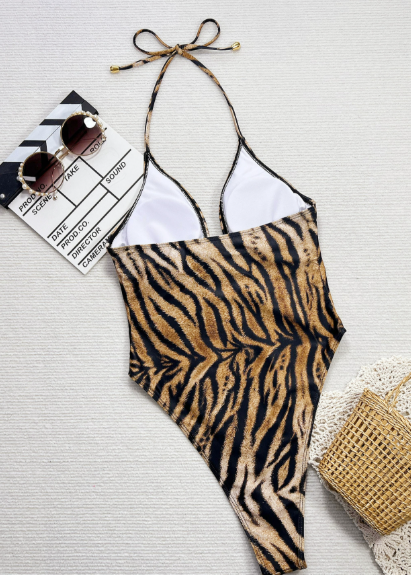 Badpak Dames Tijgerprint – Monokini met Diepe V-Hals