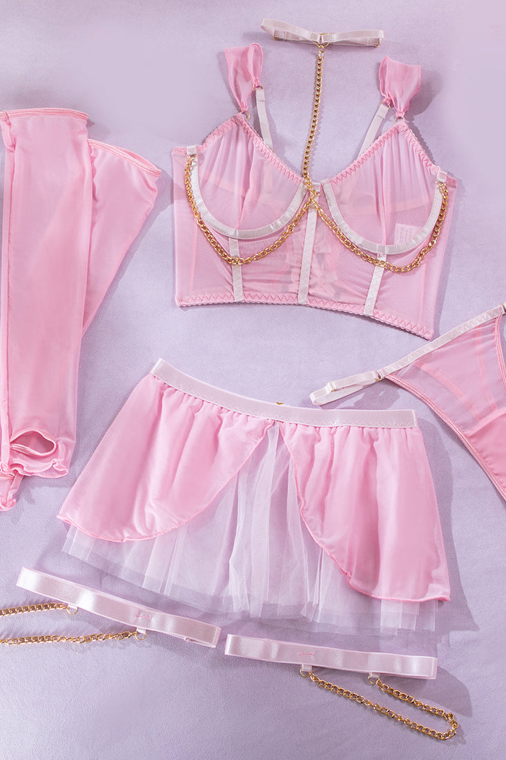 Lingerieset Dames Mesh – Roze Met Gouden Ketting En Handschoenen – Verleidelijke Set