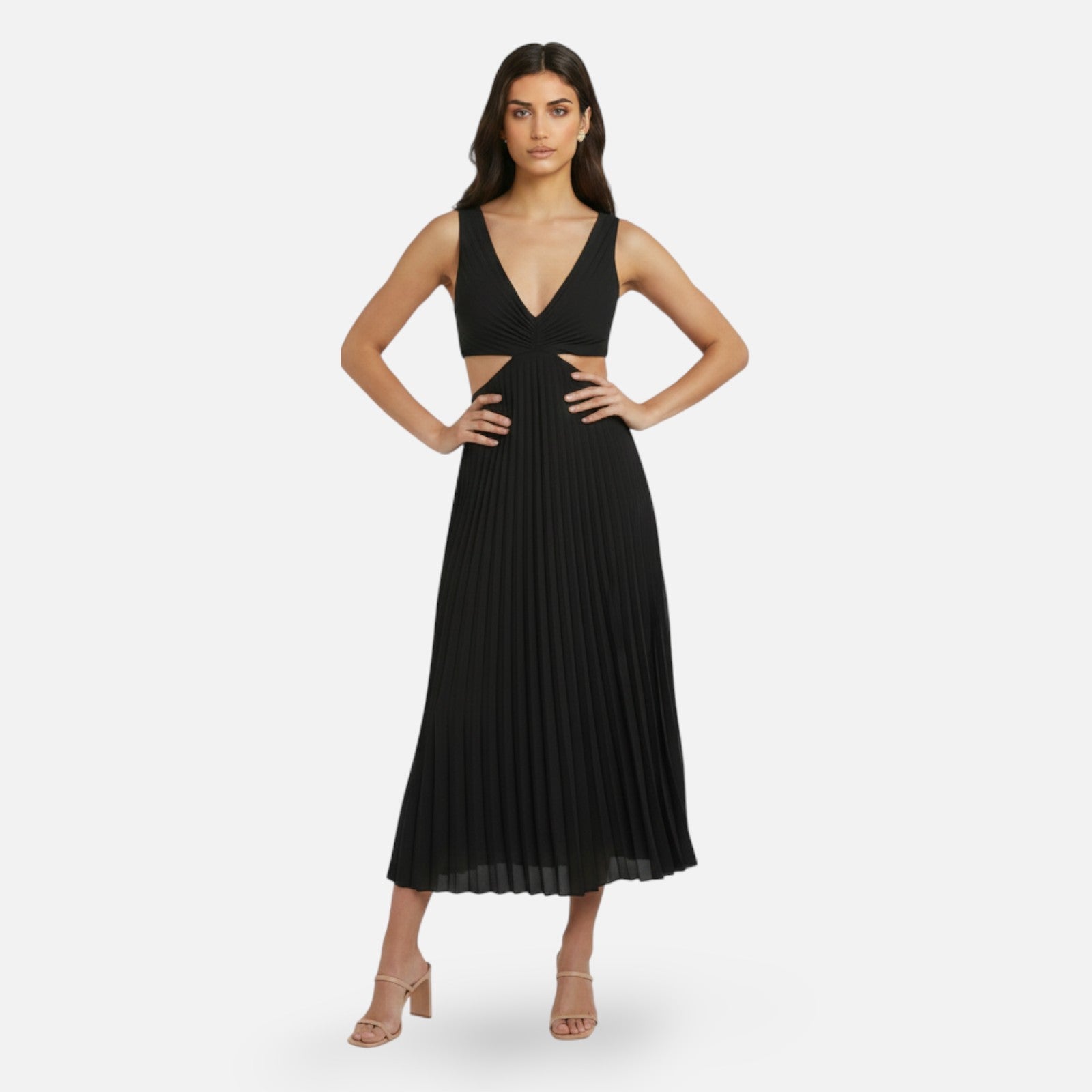 Midi Jurk Geplooide Rok met V-Hals en Cut-Out