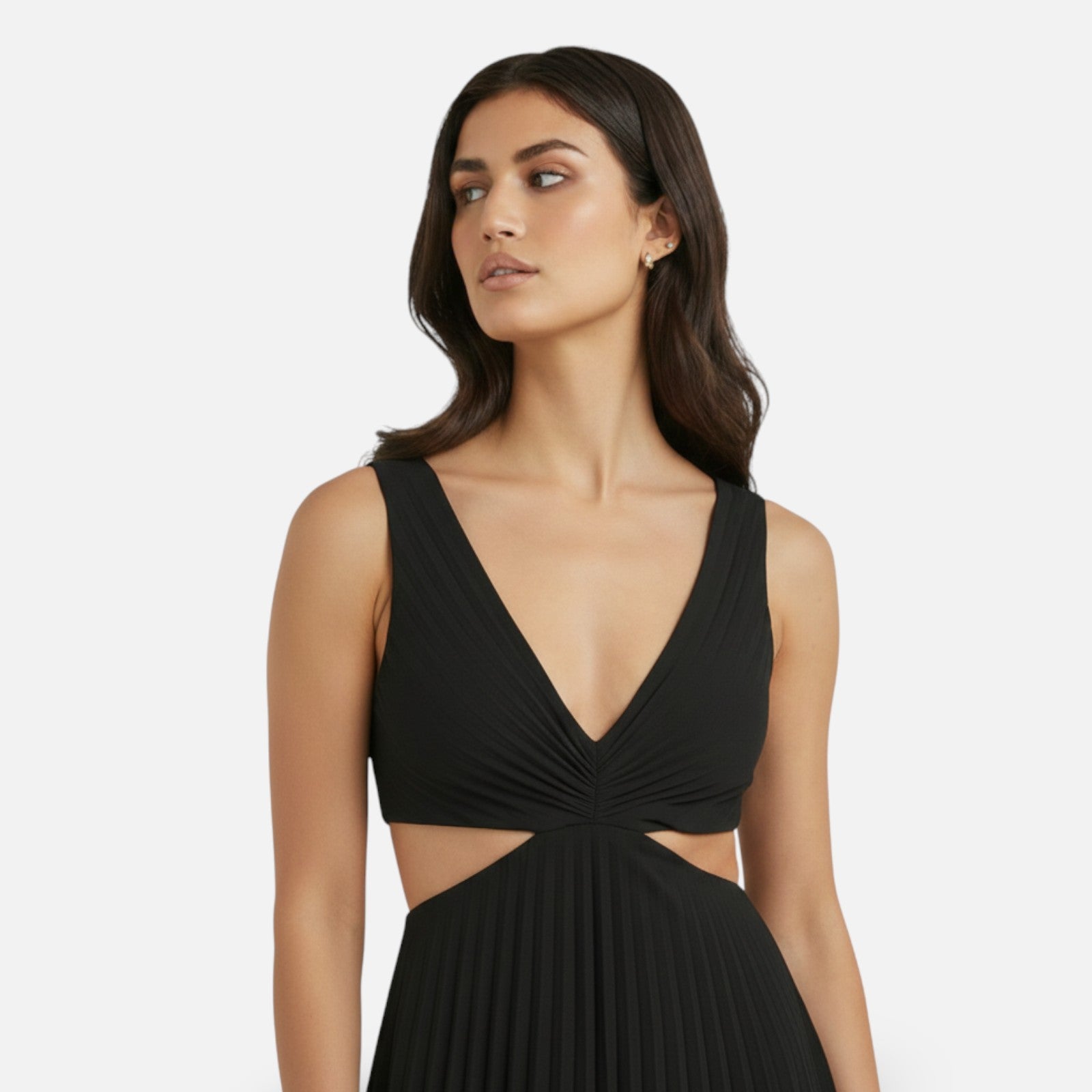 Midi Jurk Geplooide Rok met V-Hals en Cut-Out