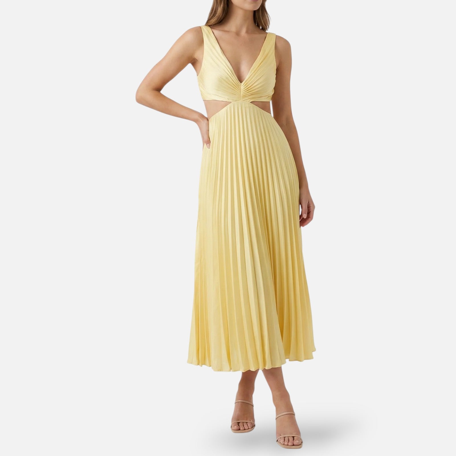 Midi Jurk Geplooide Rok met V-Hals en Cut-Out