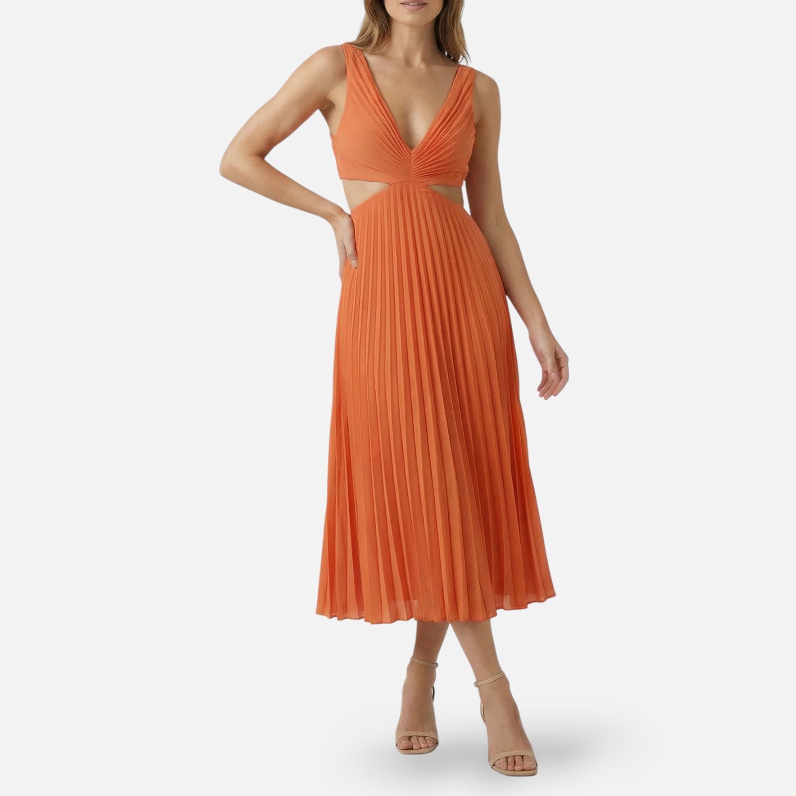 Midi Jurk Geplooide Rok met V-Hals en Cut-Out