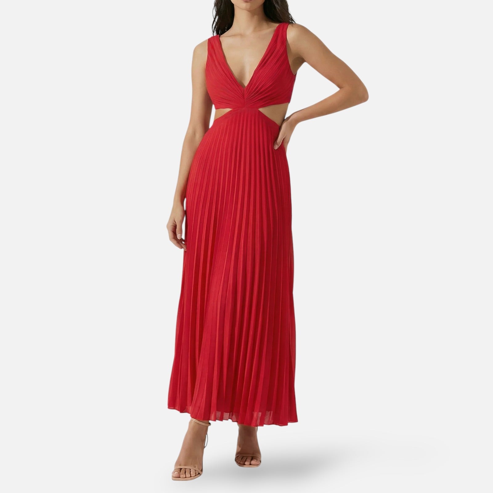 Midi Jurk Geplooide Rok met V-Hals en Cut-Out