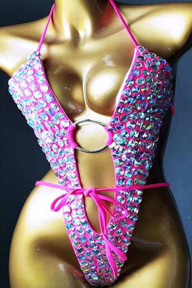 Felroze Bikini Dames – Set met Glitter en Diepe Halslijn