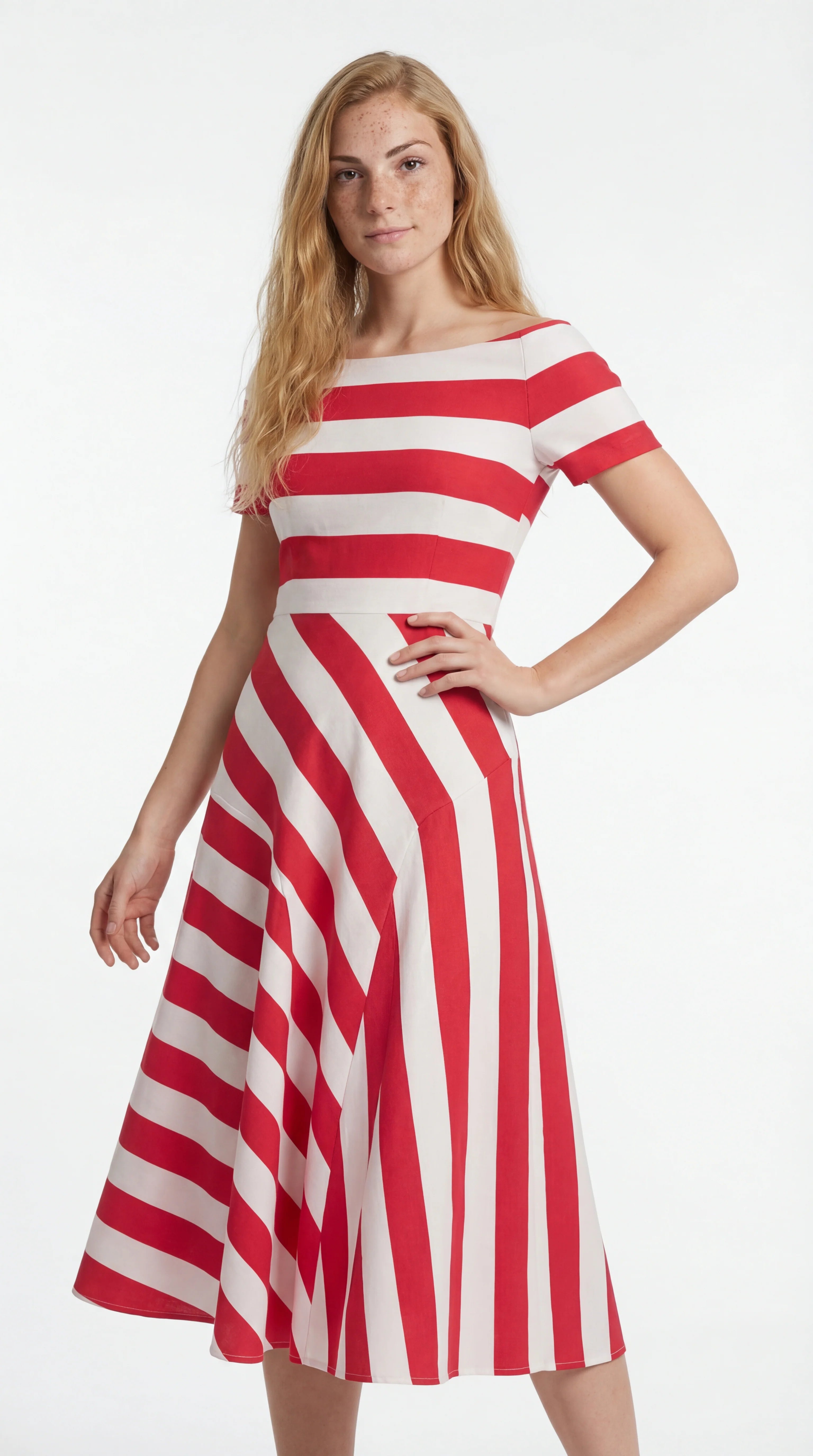 Midi Jurk Korte Mouw met Strepen Design