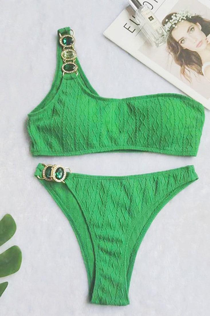 Groene Bikini Dames – One Shoulder Set met Glitters