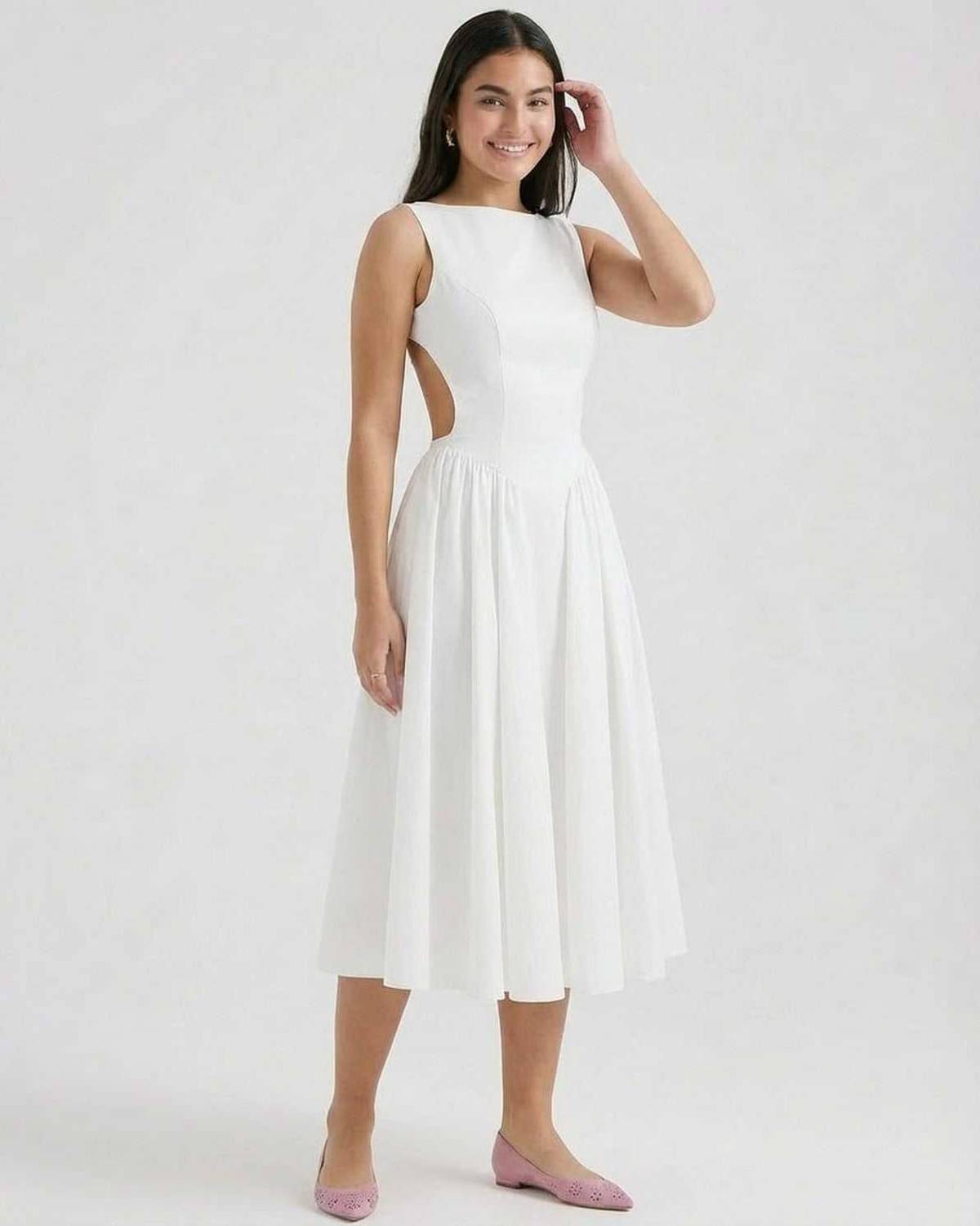 Dames Midi Jurk | Open Rug | Mouwloos Met A-Lijn Rok