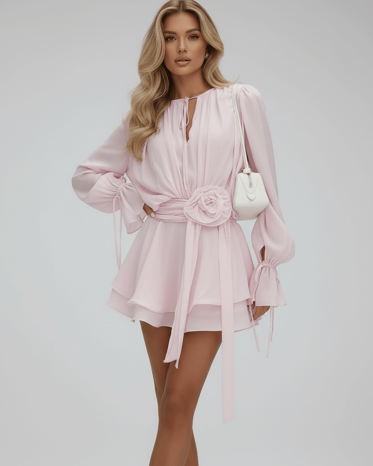 Dames Mini Jurk | Lange Mouw | 3D Roos Riem | Gelaagde Rok