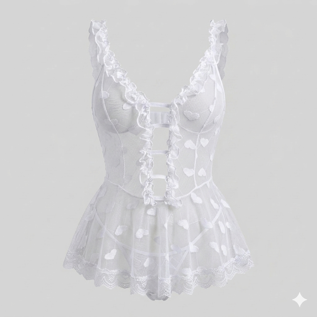 Pink Heart Mesh Babydoll Set - Babydoll Dames Mesh – Roze Lingerieset Met Ruches