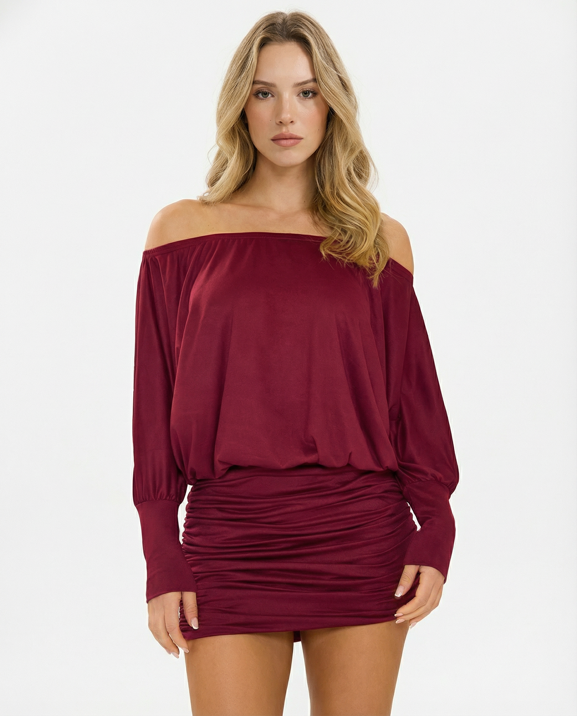 Off Shoulder Mini Jurk met Lange Mouwen