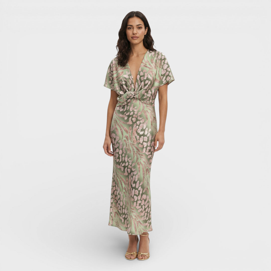 Dames Maxi Jurk | V-Hals | Gedraaide Taille Met Animal Print