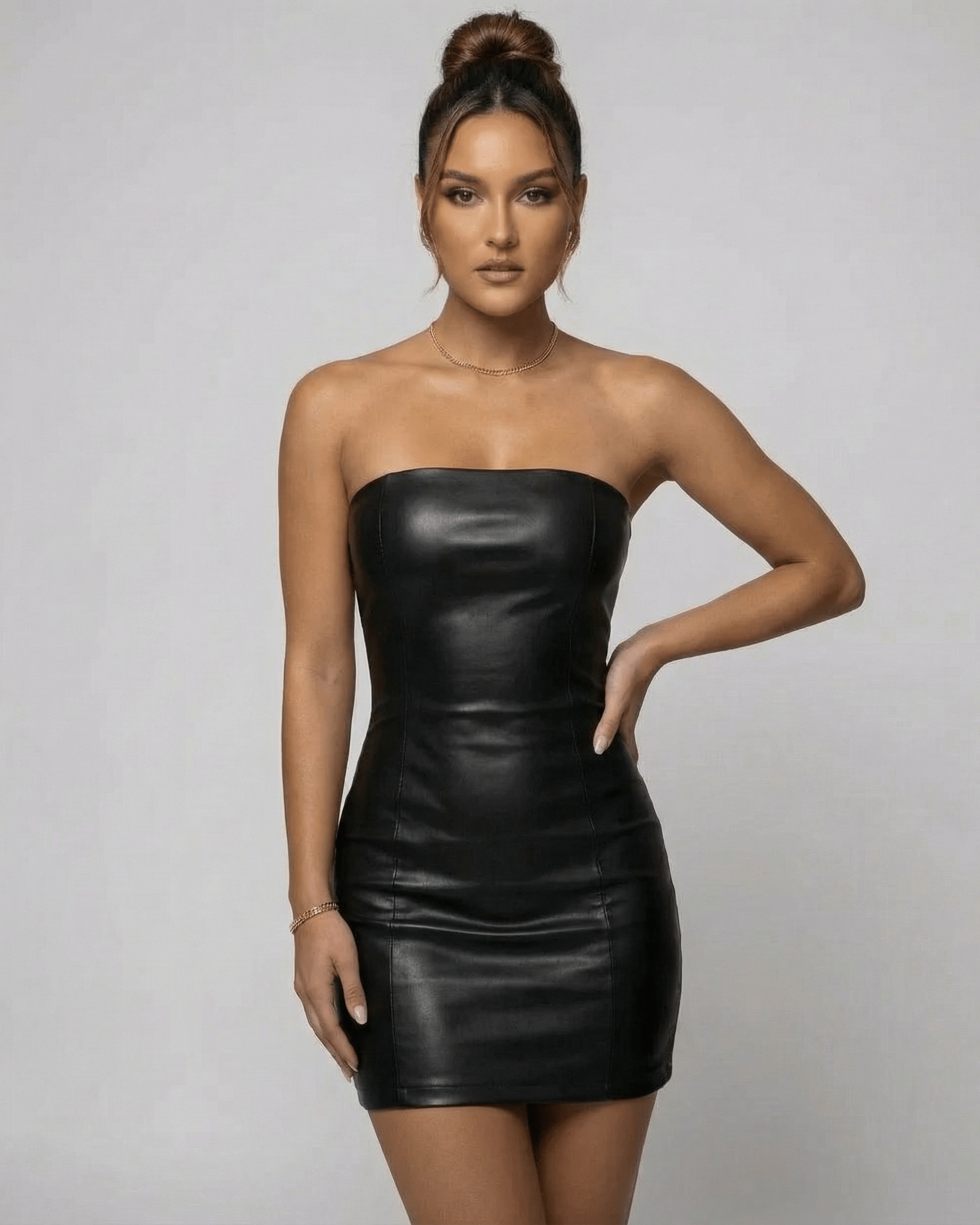 Dames Mini Jurk | Strapless | Aansluitende Faux Leather Look