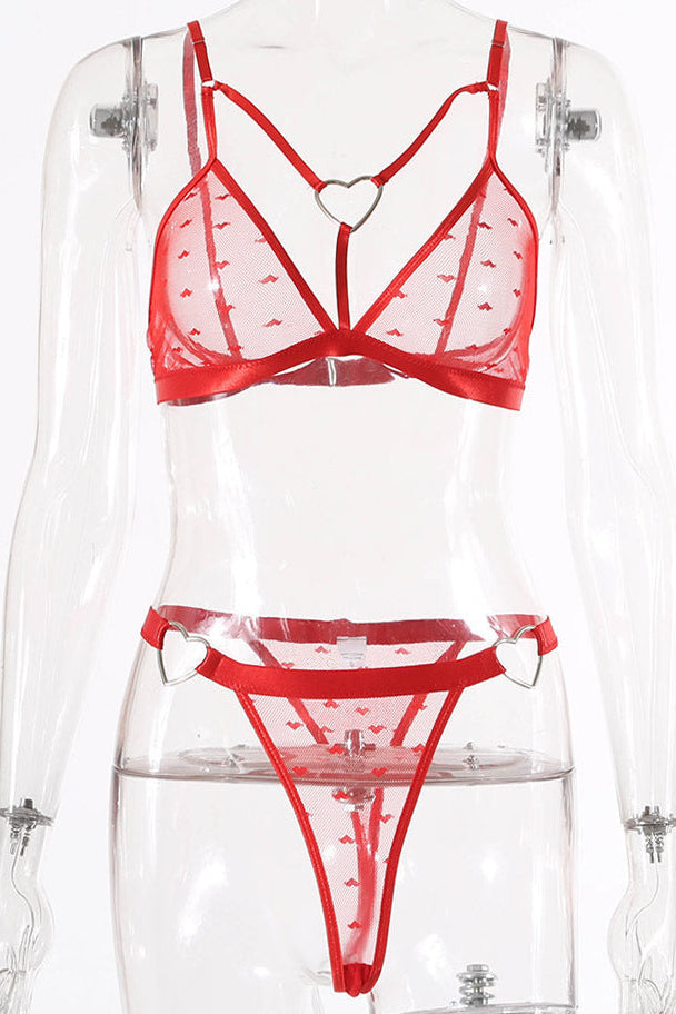 Red Heart Cut-Out Thong Set - Lingerieset Dames Mesh – Rood Met Hartjesprint – Luxe Lingerie