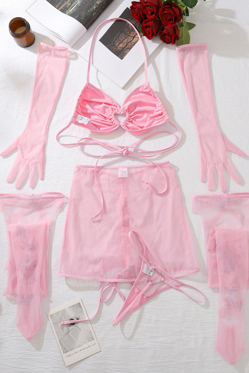 Lingerieset Dames Mesh – Roze Met Handschoenen En Kousen – Luxe Lingerie met Comfort