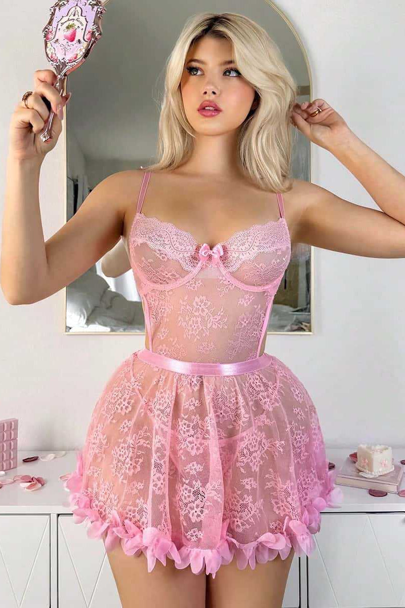 Babydoll Dames Kant – Roze Lingerieset Met Bloemmotief – Elegante Set met Sensuele Look