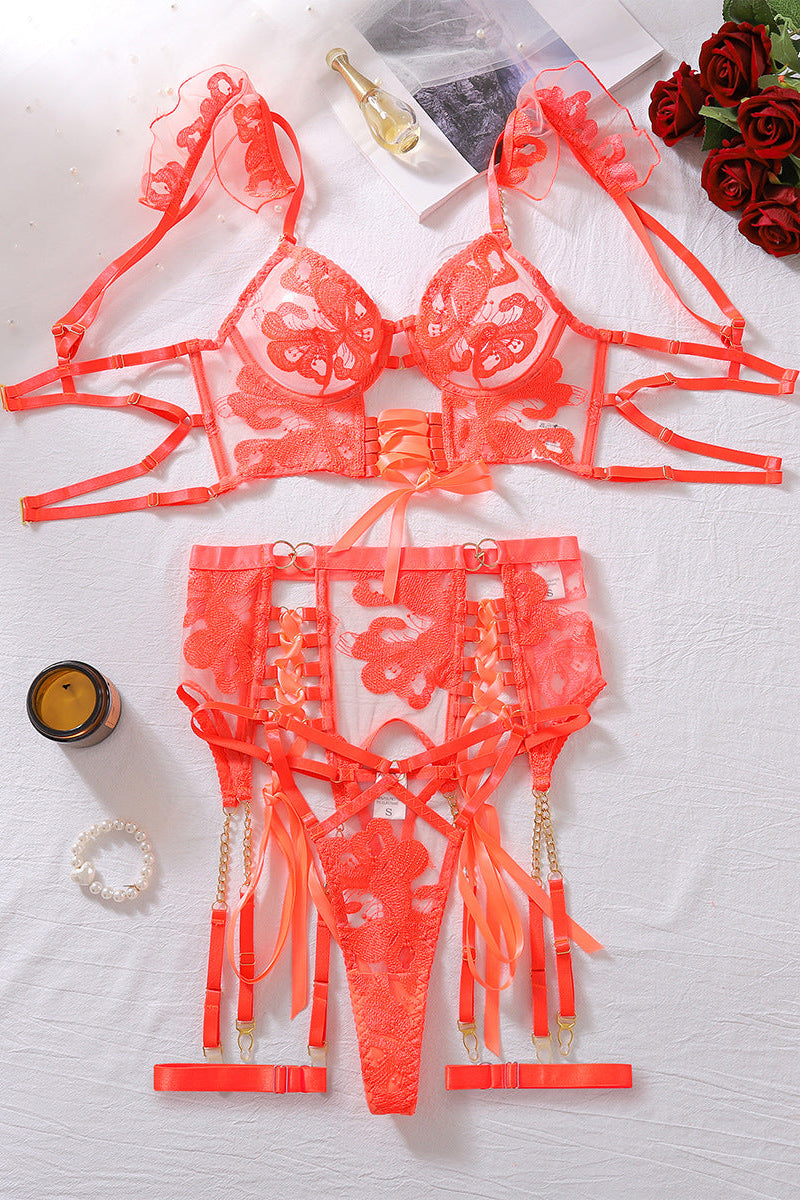 Bustier Lingerieset Dames Kant – Oranje Met Jarretels – Luxe Lingerie met Comfort