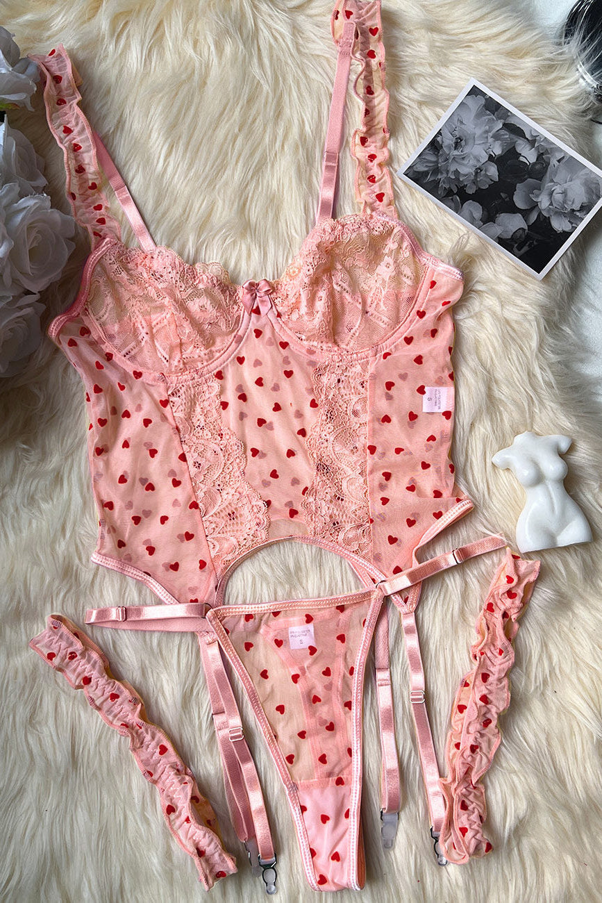 Peach Heart Ruffle Garter Set - Lingerieset Dames Ruches – Perzikroze Met Jarretels