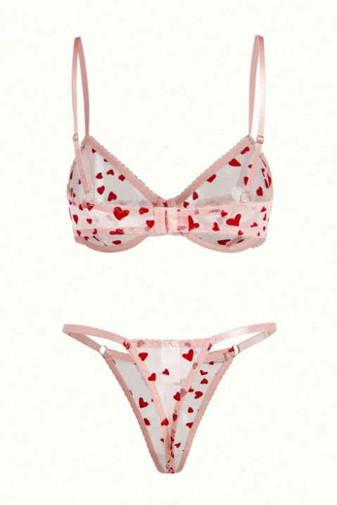 Pink Heart Mesh Lingerie Set - Lingerieset Dames Mesh – Roze Met Strik – Luxe Lingerie
