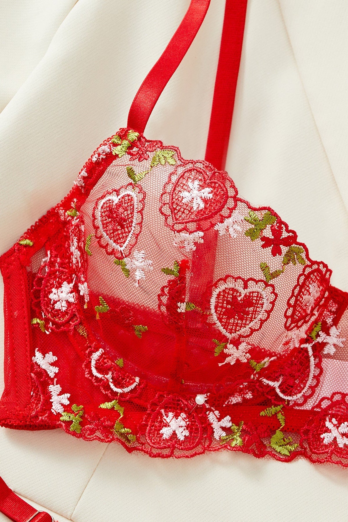 White Lace Heart Embroidery Set - Lingerieset Dames Kant – Rood Met Geborduurde Mesh – Luxe Set