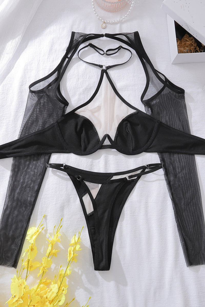 Lingerieset Dames Mesh – Zwart Met Haltertop En Lange Mouwen – Verleidelijke Set