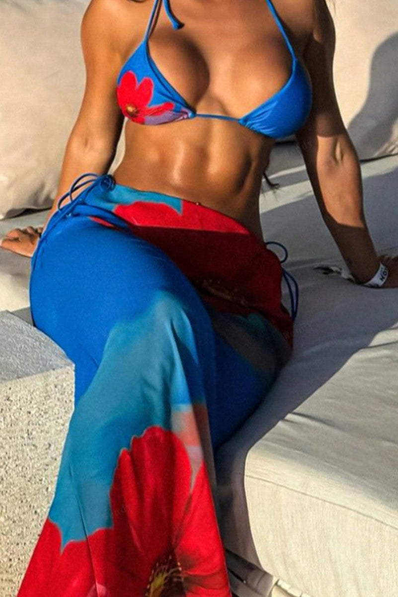 Blauwe Bloemenprint Bikini Dames – 3-Delige Set met Rok