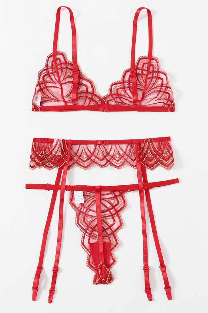 Lingerieset Dames Kant – Rood Goud Luxe 3-Delig Met Jarretels – Luxe Lingerie met Comfort