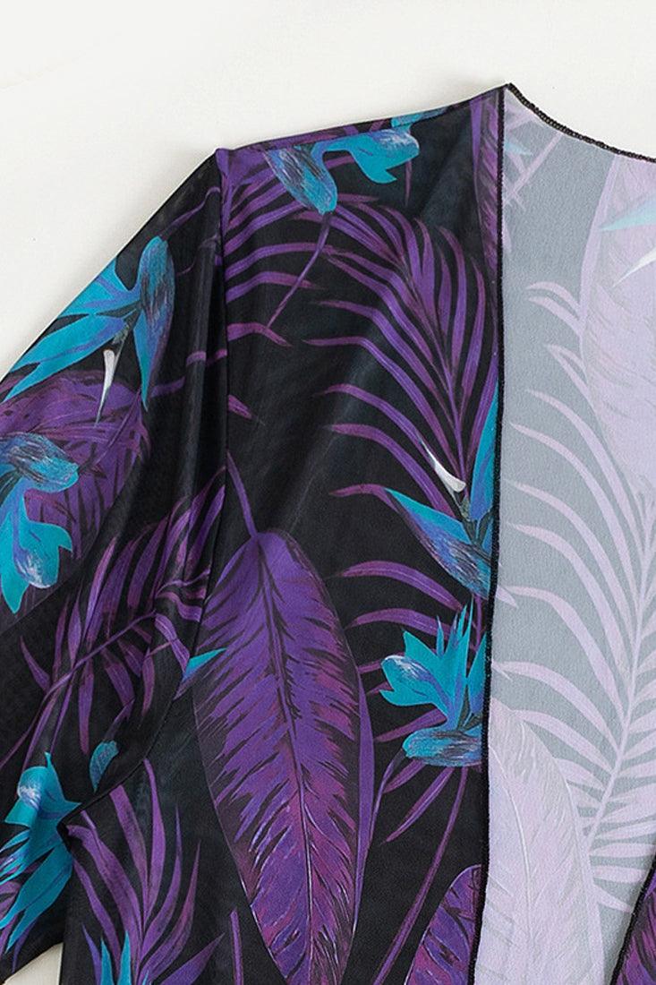 Zwart Paars Tropical Print Badpak Dames – Monokini met Mesh