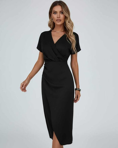 Dames Midi Jurk | Groen | Overslag V-Hals | Gedrapeerd Met Split