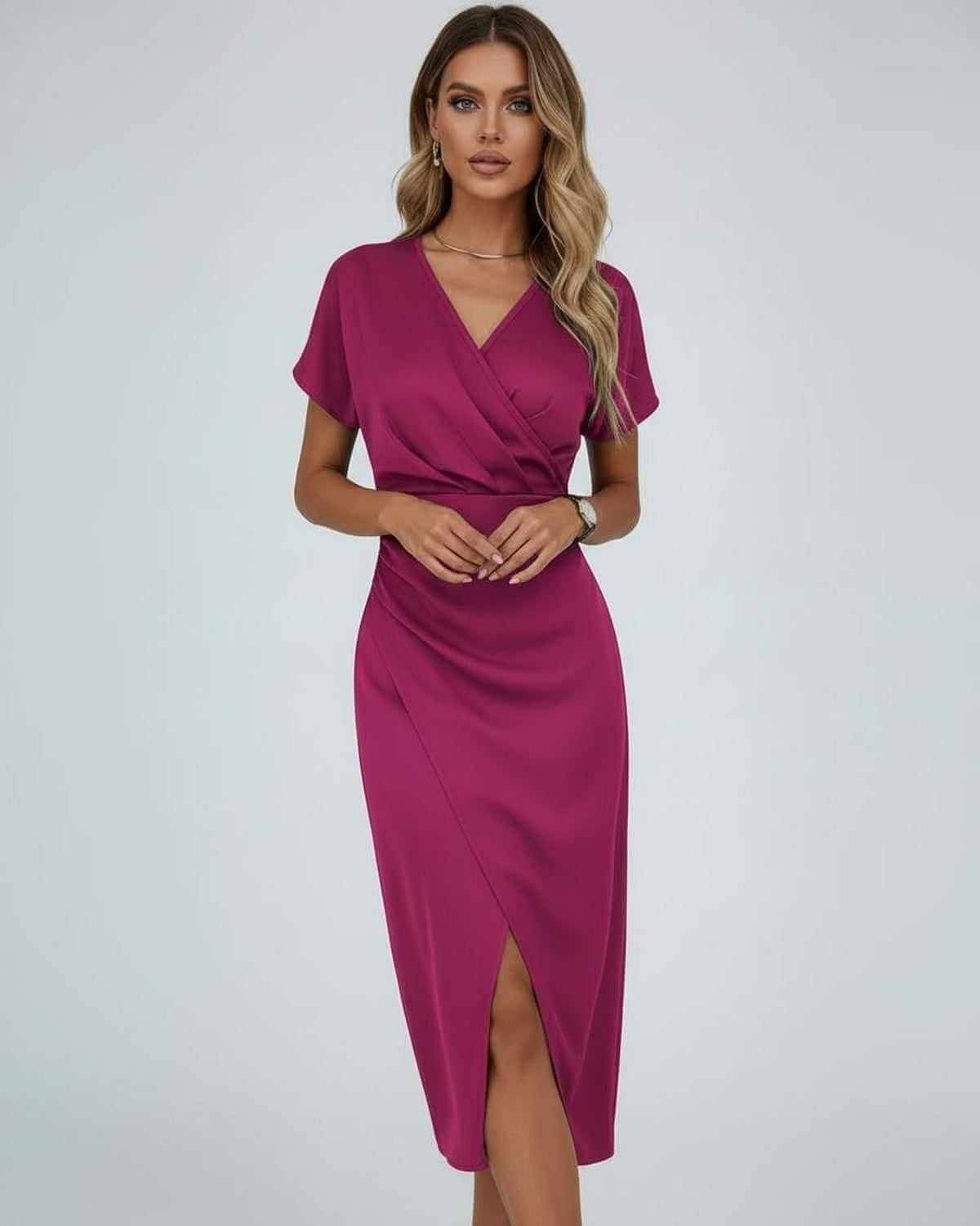 Dames Midi Jurk | Groen | Overslag V-Hals | Gedrapeerd Met Split