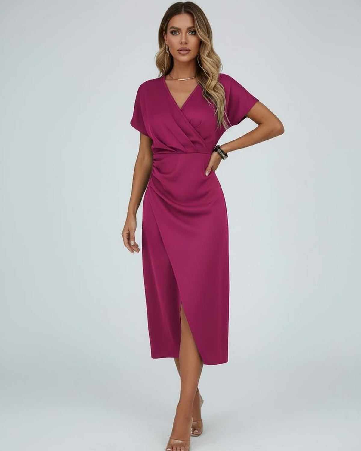 Dames Midi Jurk | Groen | Overslag V-Hals | Gedrapeerd Met Split