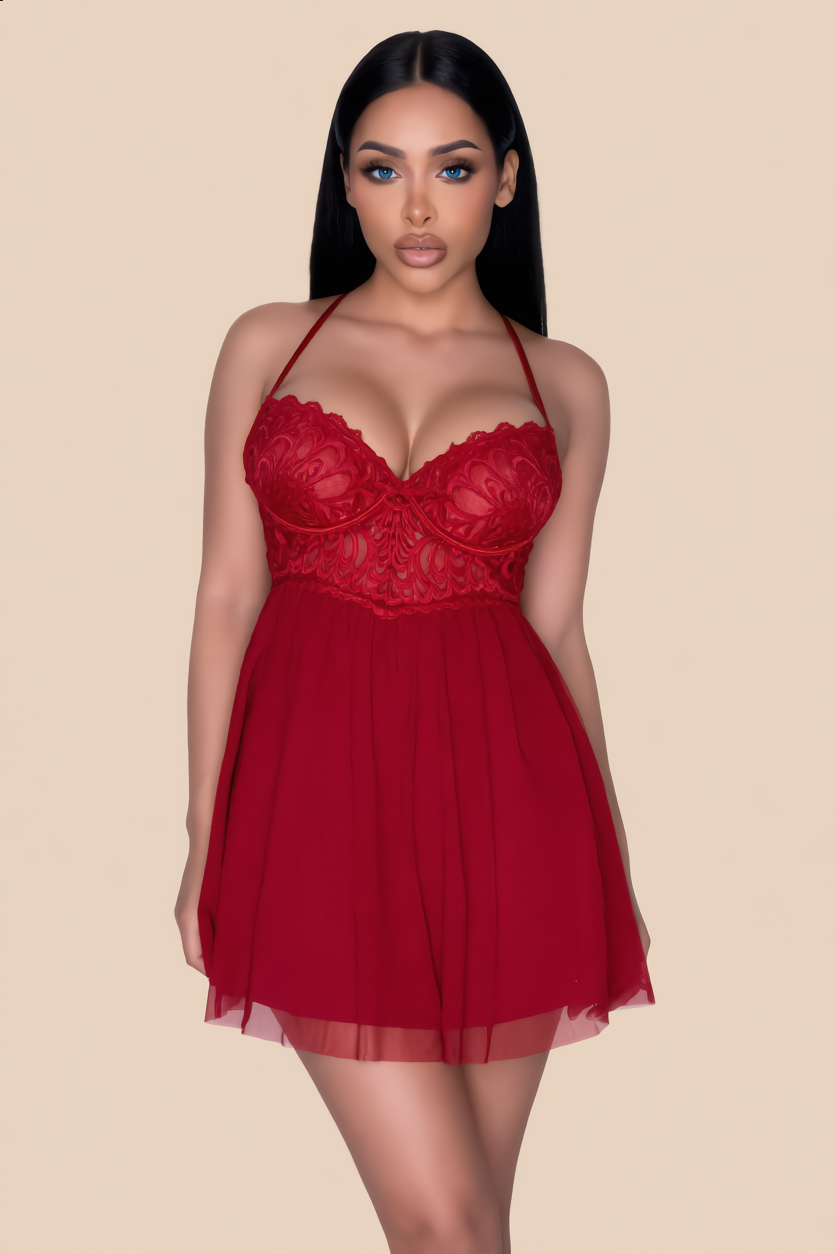 Babydoll Set Dames Kant En Mesh – Robijnrood Met Strappy String – Luchtig Draagcomfort
