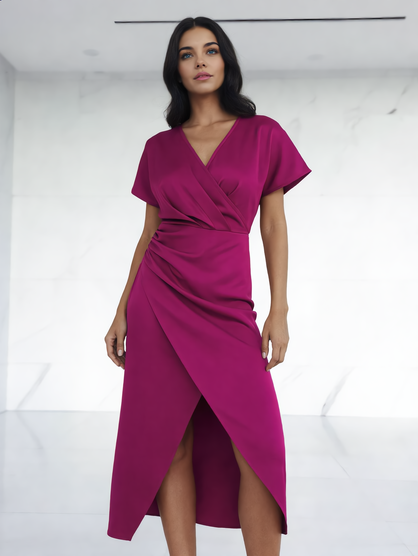 Dames Midi Jurk | Groen | Overslag V-Hals | Gedrapeerd Met Split