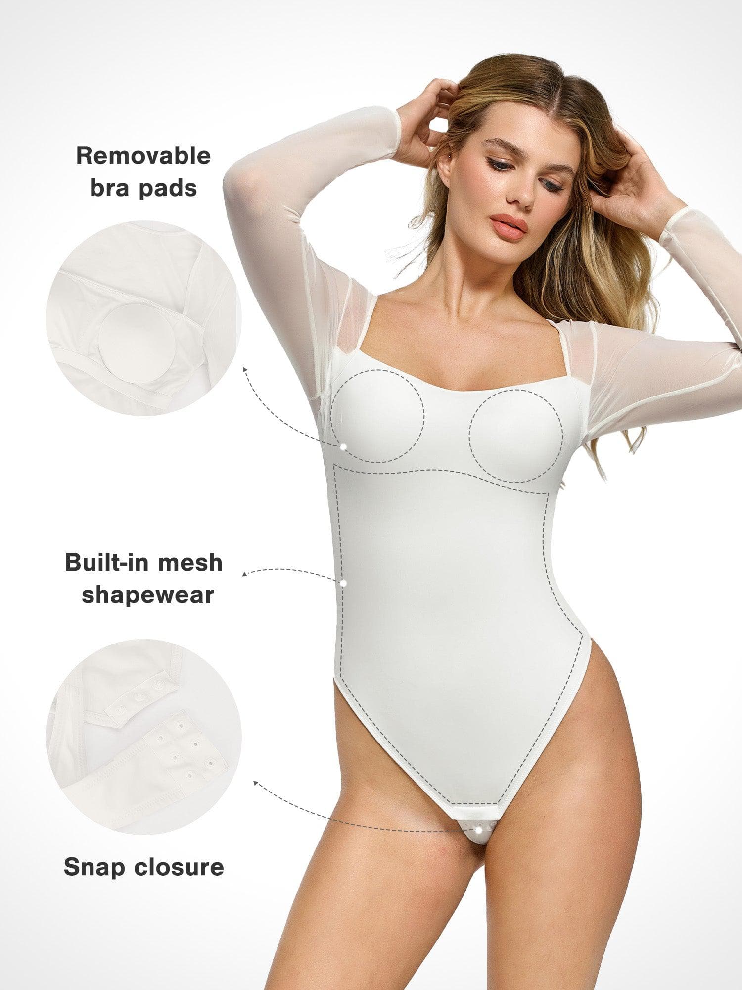 LUMA – SQUARE NECK BODYSUIT MET MESH MOUWEN - LivingCurves Tops Body Shaper Long Sleeve Zwart / S