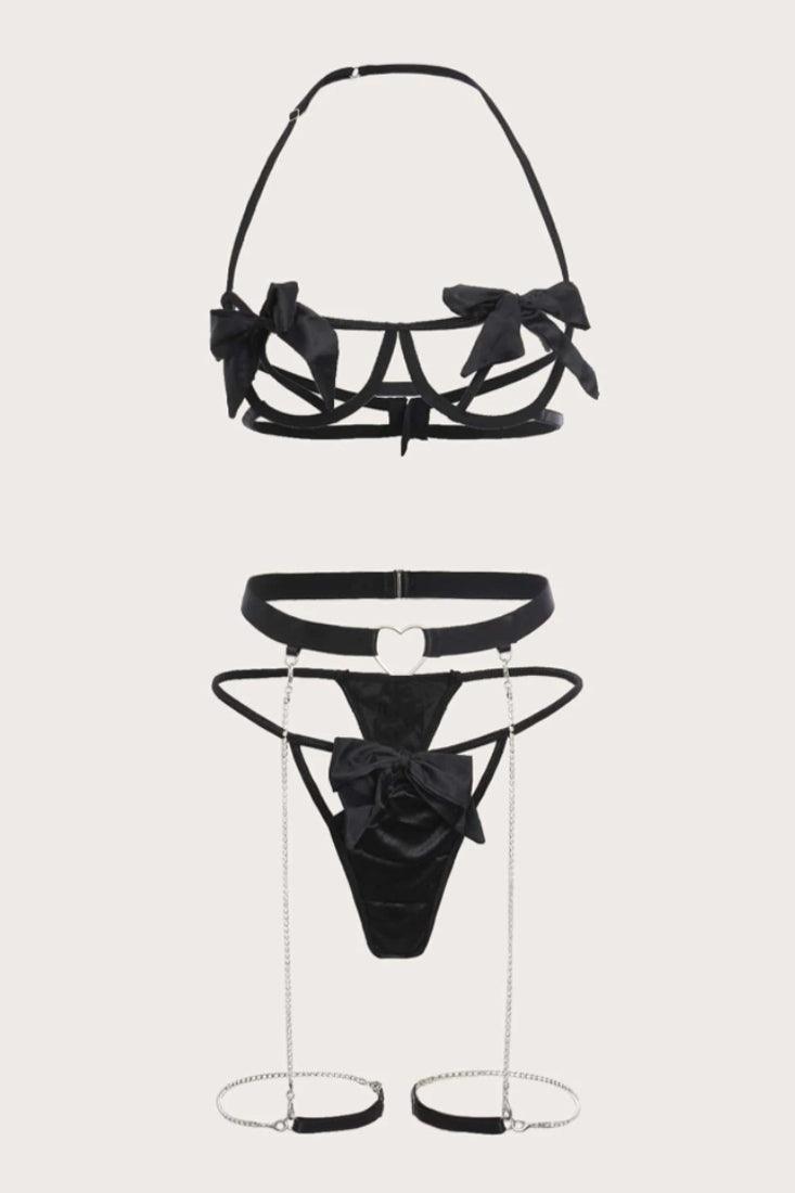 Lingerieset Dames – Zwart 3-Delig Met Strik En Sierstenen – Luxe Lingerie met Comfort
