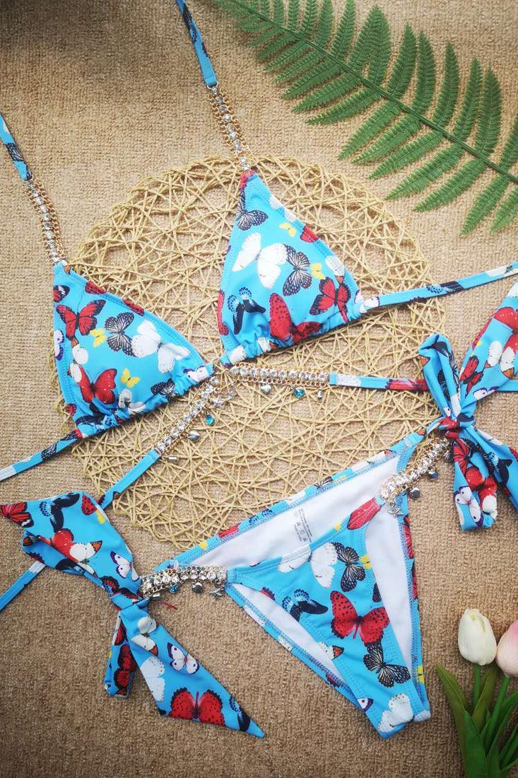 Blauwe Vlinderprint Bikini Dames – Set met Glitters