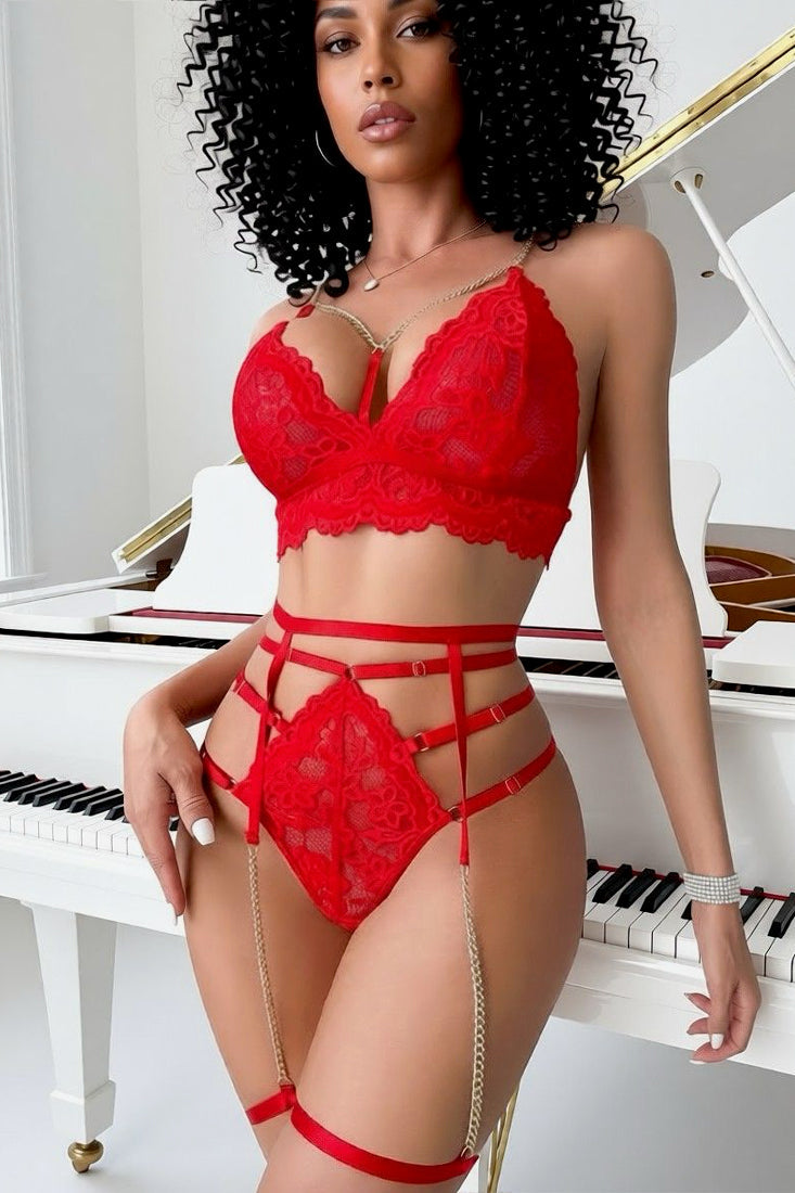 Lingerieset Dames Gehaakt Kant – Rood 3-Delig Met Jarretels – Verleidelijke Set