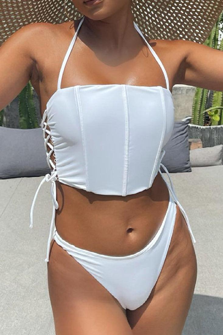 Witte Bikini Dames – Lace Up Set Hoog Uitgesneden