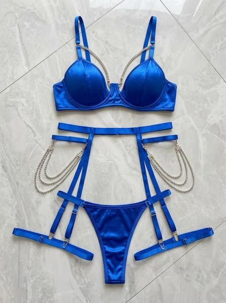 Lingerieset Dames Satijn – Saffierblauw Luxe 5-Delig Met Strass – Verleidelijke Set
