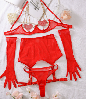 Lingerieset Dames Mesh – Rood Luxe 5-Delig Met Jarretelrok – Elegante Set met Sensuele Look
