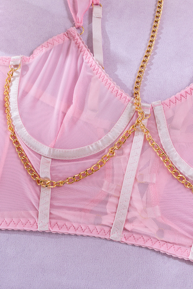 Lingerieset Dames Mesh – Roze Met Gouden Ketting En Handschoenen – Verleidelijke Set
