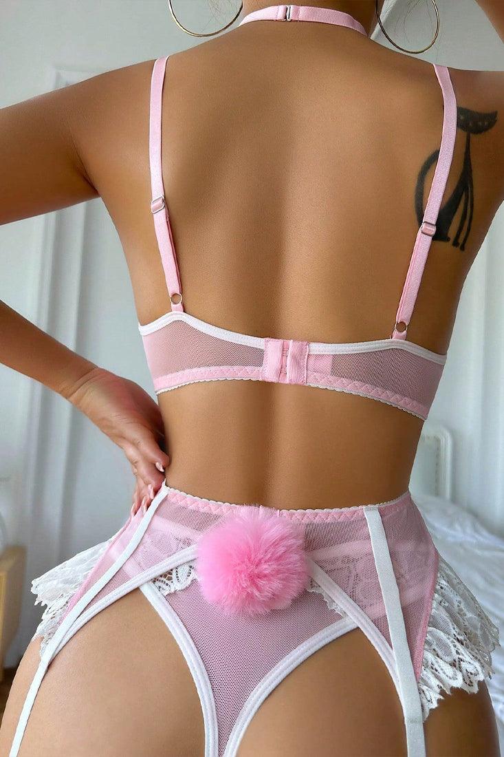 Pink & White Mesh Lace 5-Piece Set - Lingerieset Dames Kant – Roze Wit Met Mesh En Choker