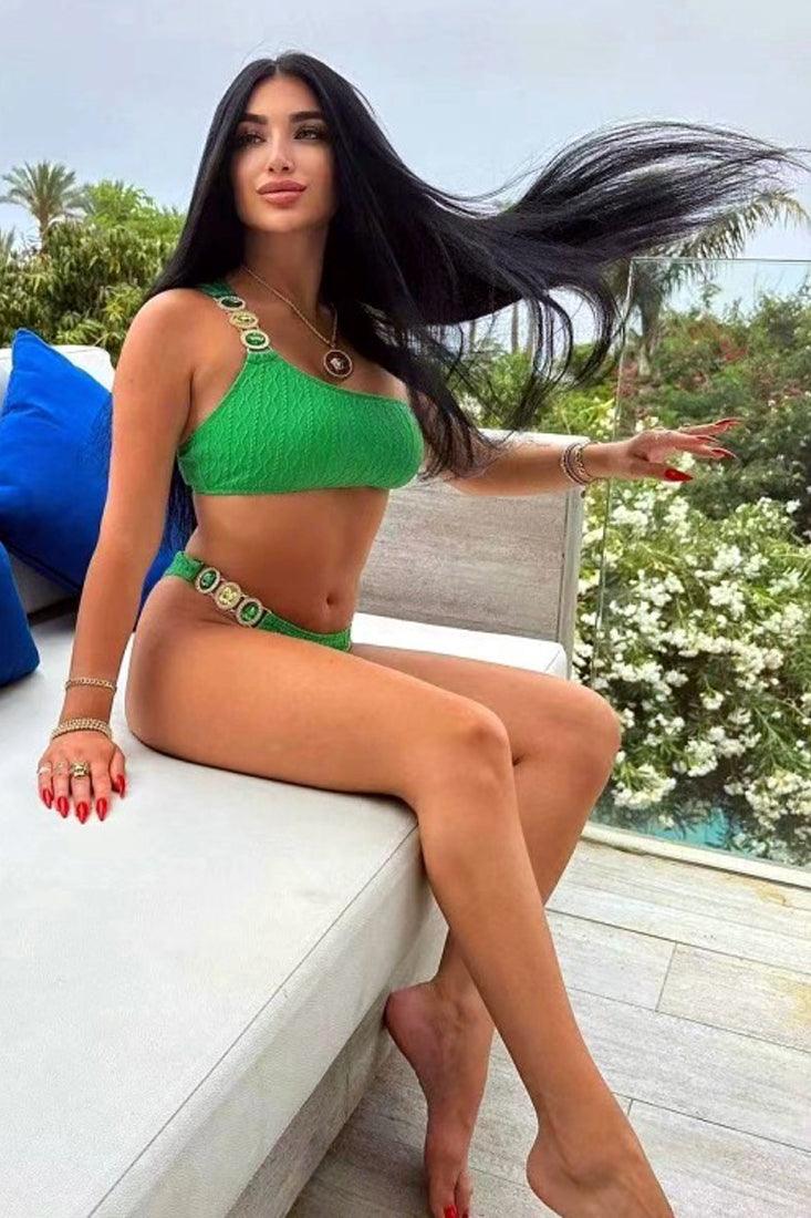 Groene Bikini Dames – One Shoulder Set met Glitters
