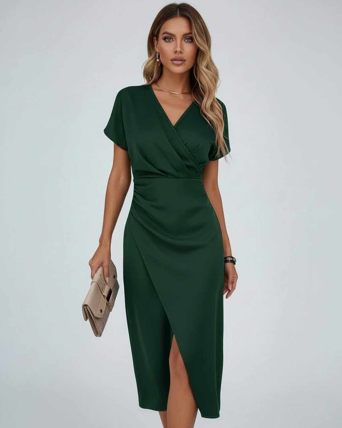 Dames Midi Jurk | Groen | Overslag V-Hals | Gedrapeerd Met Split