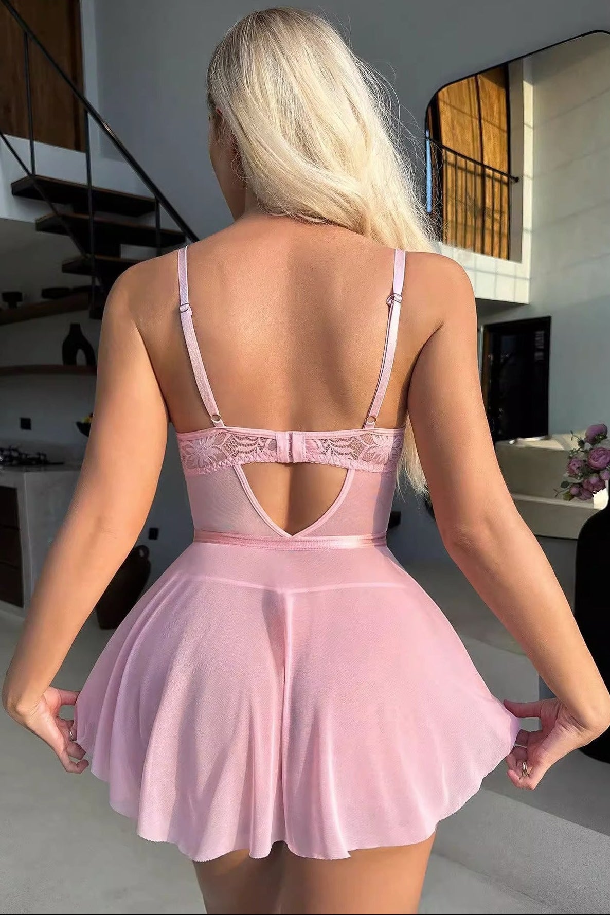 Babydoll Dames Kant – Roze Lingerieset Met Mesh