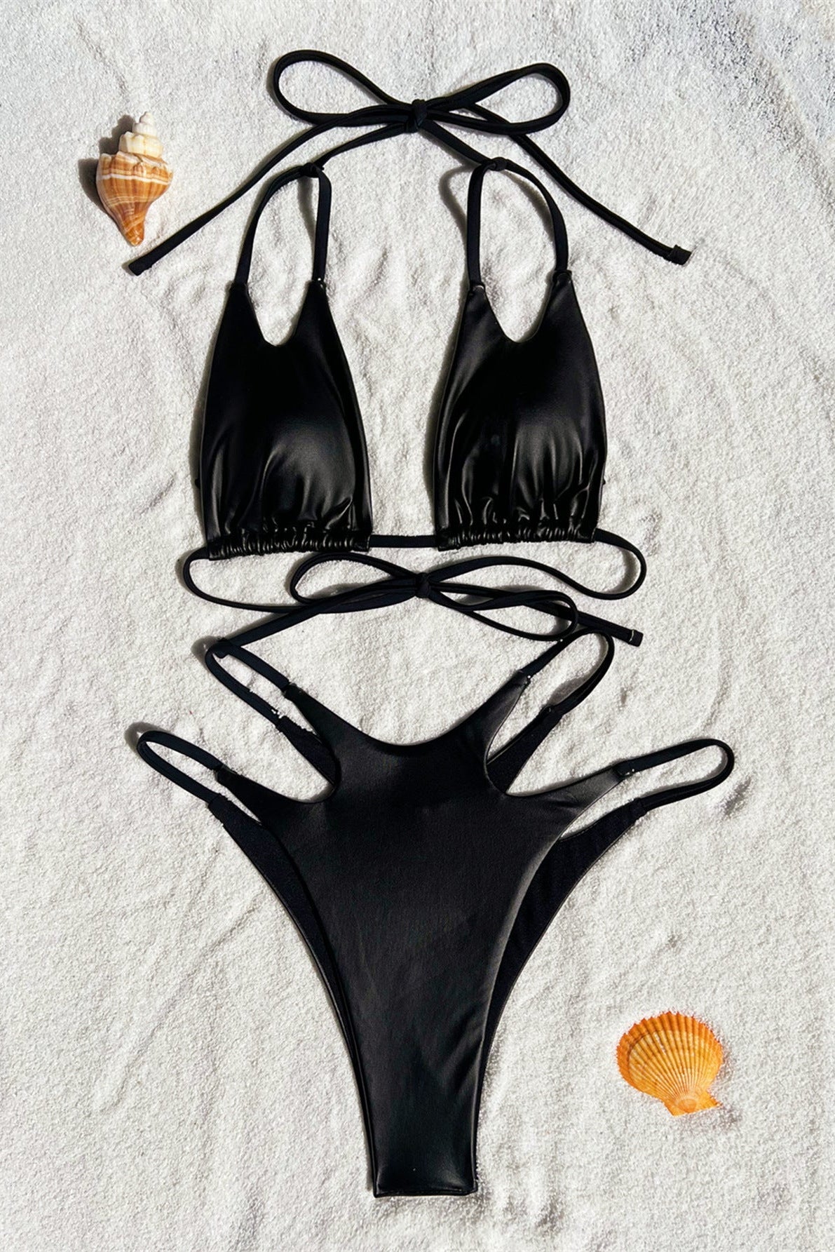 Zwarte Wetlook Bikini Dames – 2-Delige Set