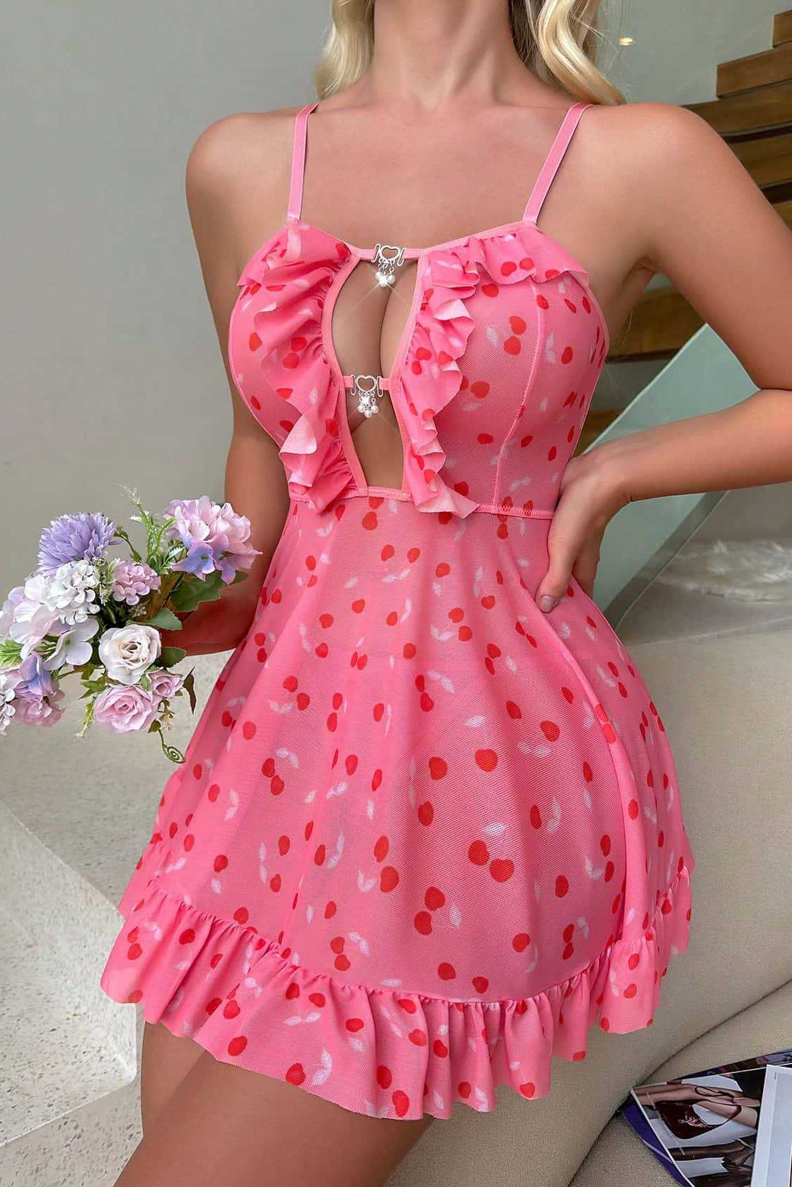Pink Babydoll Lingerie Set Heart Print Ruffle dames