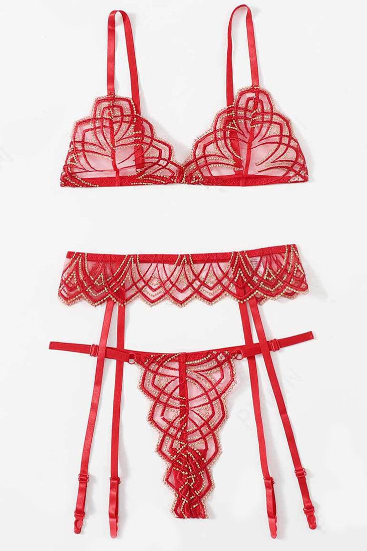 Lingerieset Dames Kant – Rood Goud Luxe 3-Delig Met Jarretels – Luxe Lingerie met Comfort