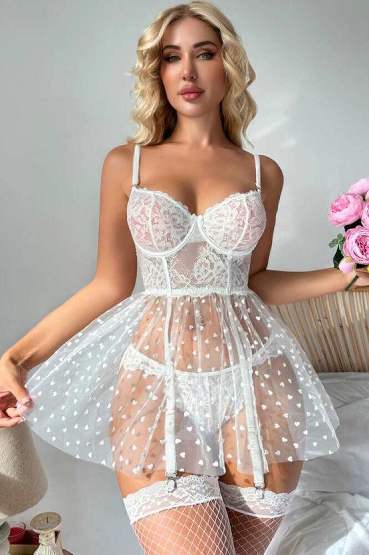 Babydoll Dames Kant – Wit 2-Delig Met Jarretels Bruids – Luchtig Draagcomfort