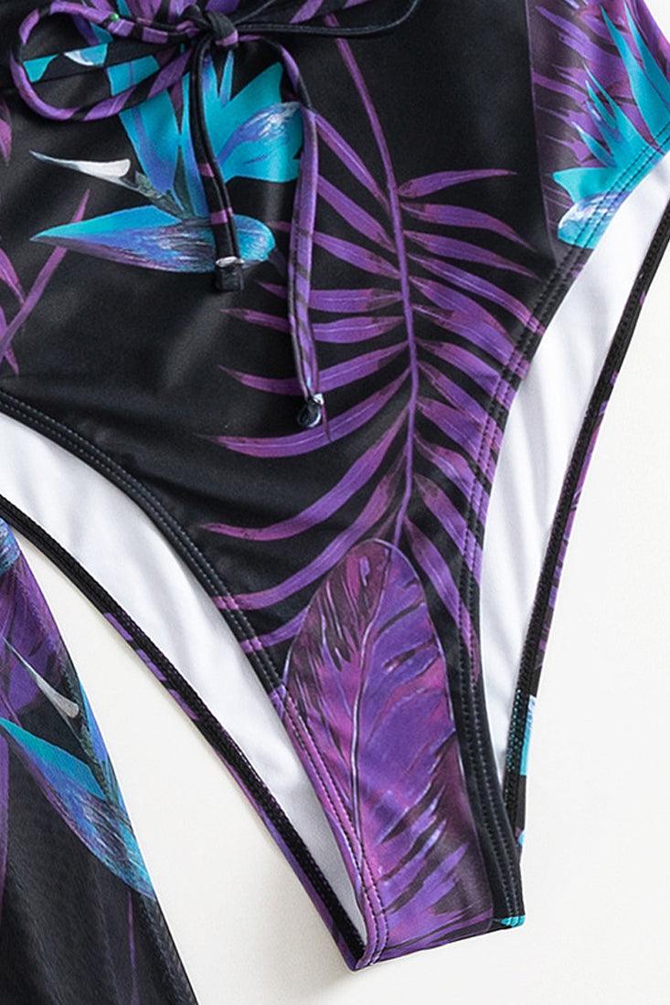 Zwart Paars Tropical Print Badpak Dames – Monokini met Mesh